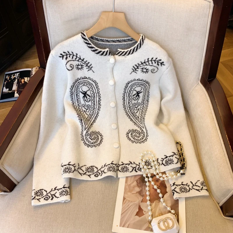 خمر طباعة سترة مشغولة من الصوف المرأة Harajuku اقتصاص سترة سوداء ملابس خارجية الكورية طويلة الأكمام تريكو الشتاء لاعبا جديد #1