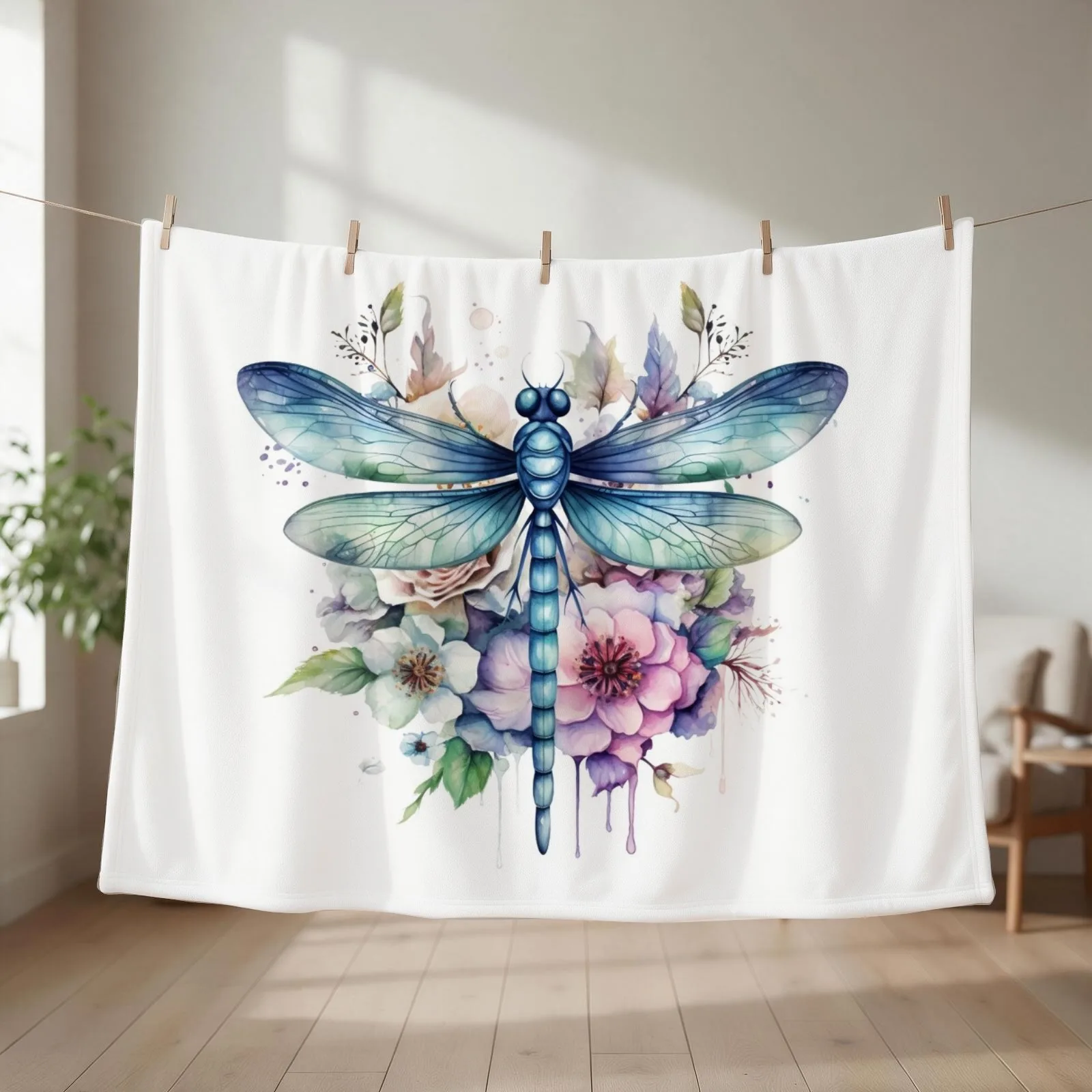 Magical Mystical Colorful Watercolor Floral Boho Dragonfly Throw Blanket couch cozy soft plush fuzzy picnic outdoor blanket