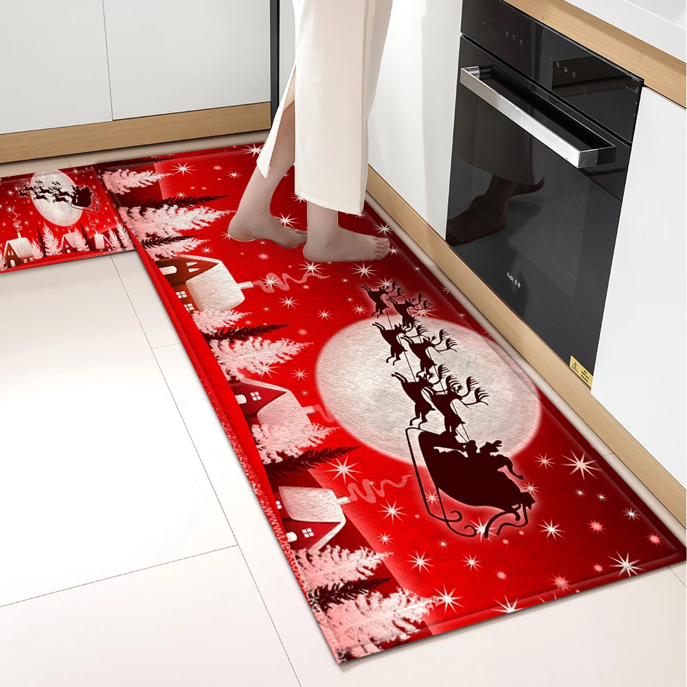 Christmas Kitchen Floor Mat Bathroom Entrance Doormat Living Room Decor Carpet Home Hallway Bedroom Bath Door Anti-Slip Foot Rug