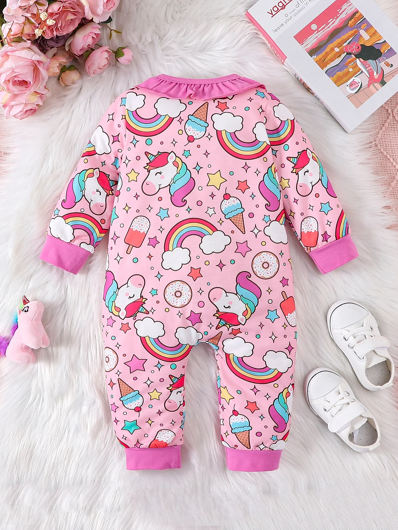 Cute Unicorn Rainbow Ice Cream Print Round Neck Long Sleeve Oblique Opening Tube Lace Decoration Girl Baby Bodysuit