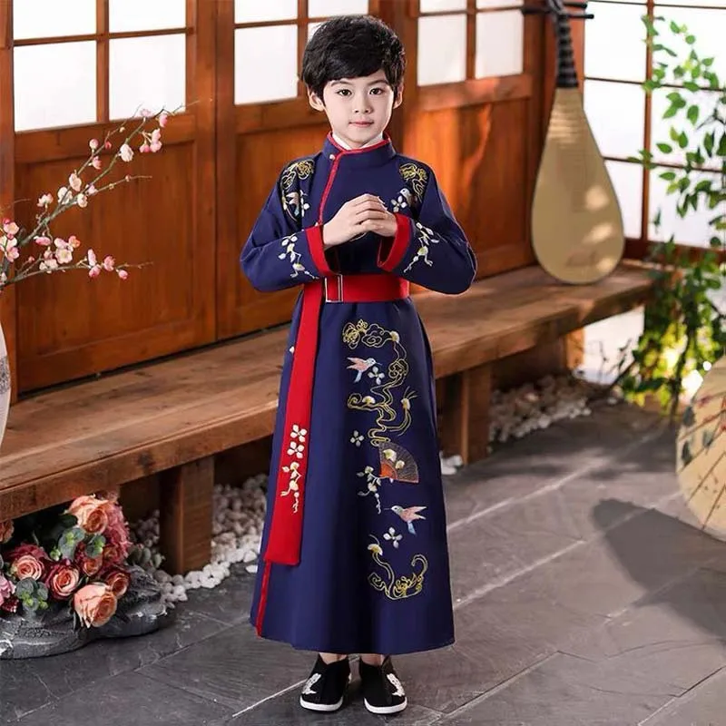 Meninos meninas ano novo chinês vermelho azul hanfu palco outfit jovem mestre roupas tang cosplay vestido terno para maca traje do miúdo