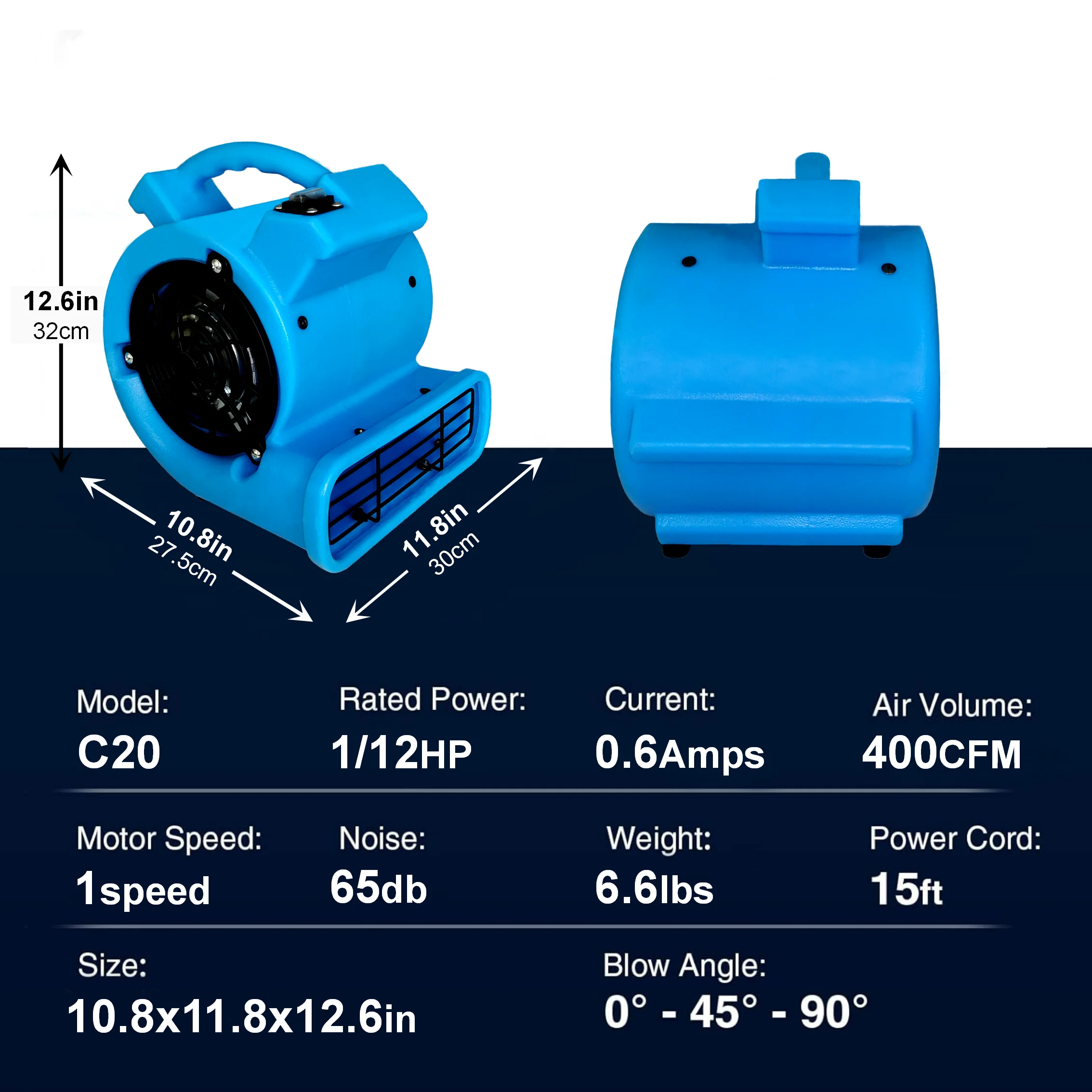 20251/12hp Industrial Axial Air Mover High Velocity 3-Speed Electric Blower Floor Dryer for Snow Removal Applications