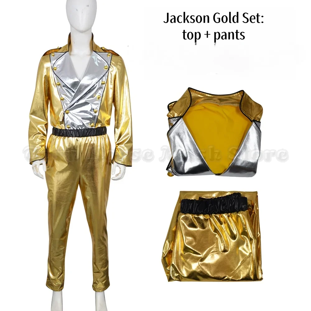 Goldene Jacke mit langen Hosen für World Tour Gold Medal Costumes, historische Auftrittsjacke in Gelbgold im Stil von Michael Jackson