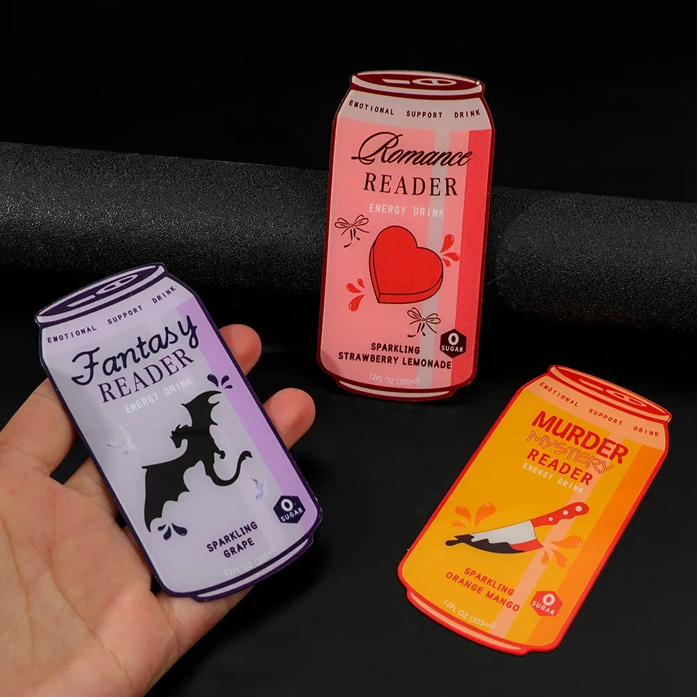 Marcapáginas acrílico con forma de lata de bebida divertida, exclusivo para lectores de romances/fantásticos/de suspenso, con diseño de bebida energética.
