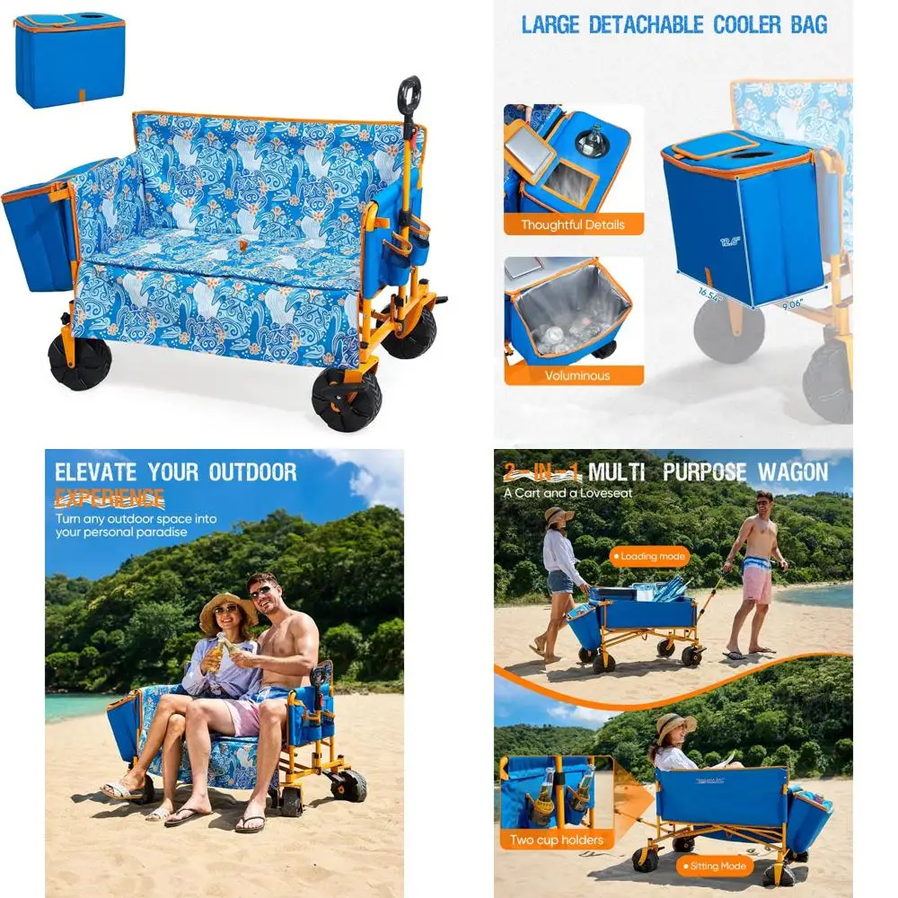 

Heavy-Duty Utility Cart with Detachable Cooler Bag, 31L Capacity, Adjustable Handle, Love-Seat Bench Wagon for 2 Adults
