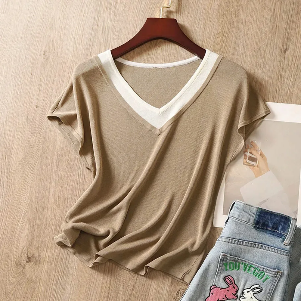 Beige Vintage V-Neck Loose Pullover Short Sleeve Knitted Women\'s Blouse T-Shirt Female Tops Shirt Women Clothing Fashion 2024