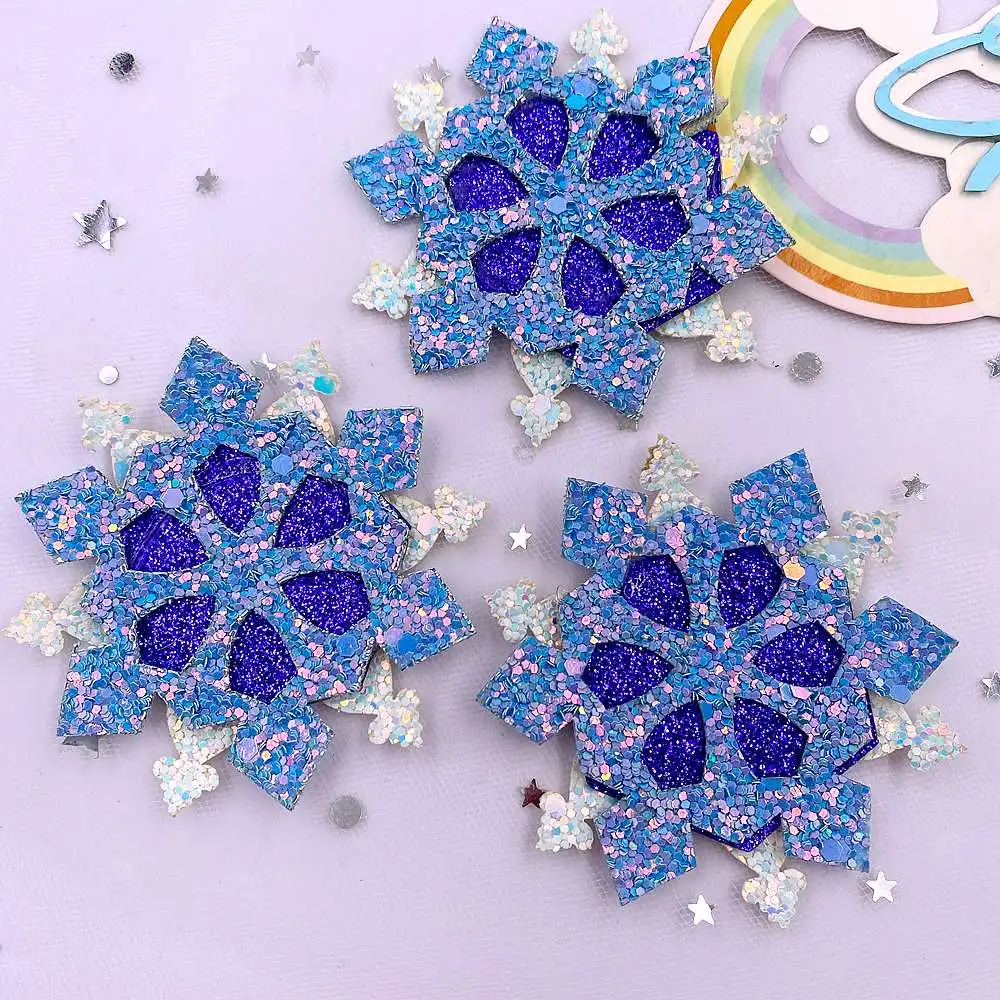 Felt Fabric Colorful Glitter Bepowder Cartoon Ice Snowflower Patch 4PCS Applique Sewing DIY Hair Bow Craft Supplie Decor