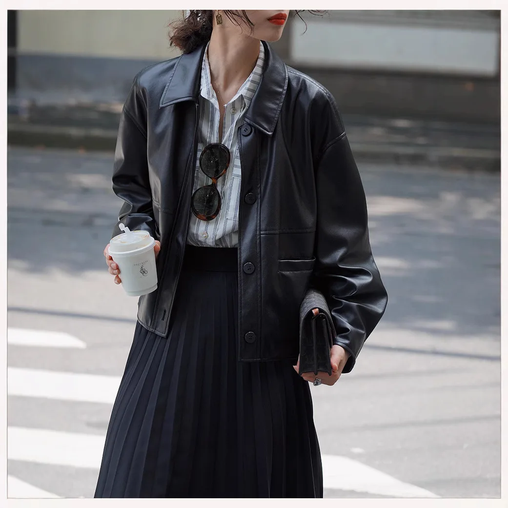 Women Short Coats Faux Leather Jackets Turn Down Collar Pu Coat Work Y2k Streetwear Jacket Casual Outerwear Autumn Winter