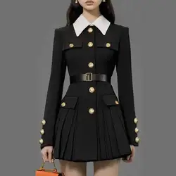 Luxury Quality 2026 Spring Autumn Single Breasted Golden Button Long Full Sleeve Blazer Suit Coat Pleated Short Dresses Women