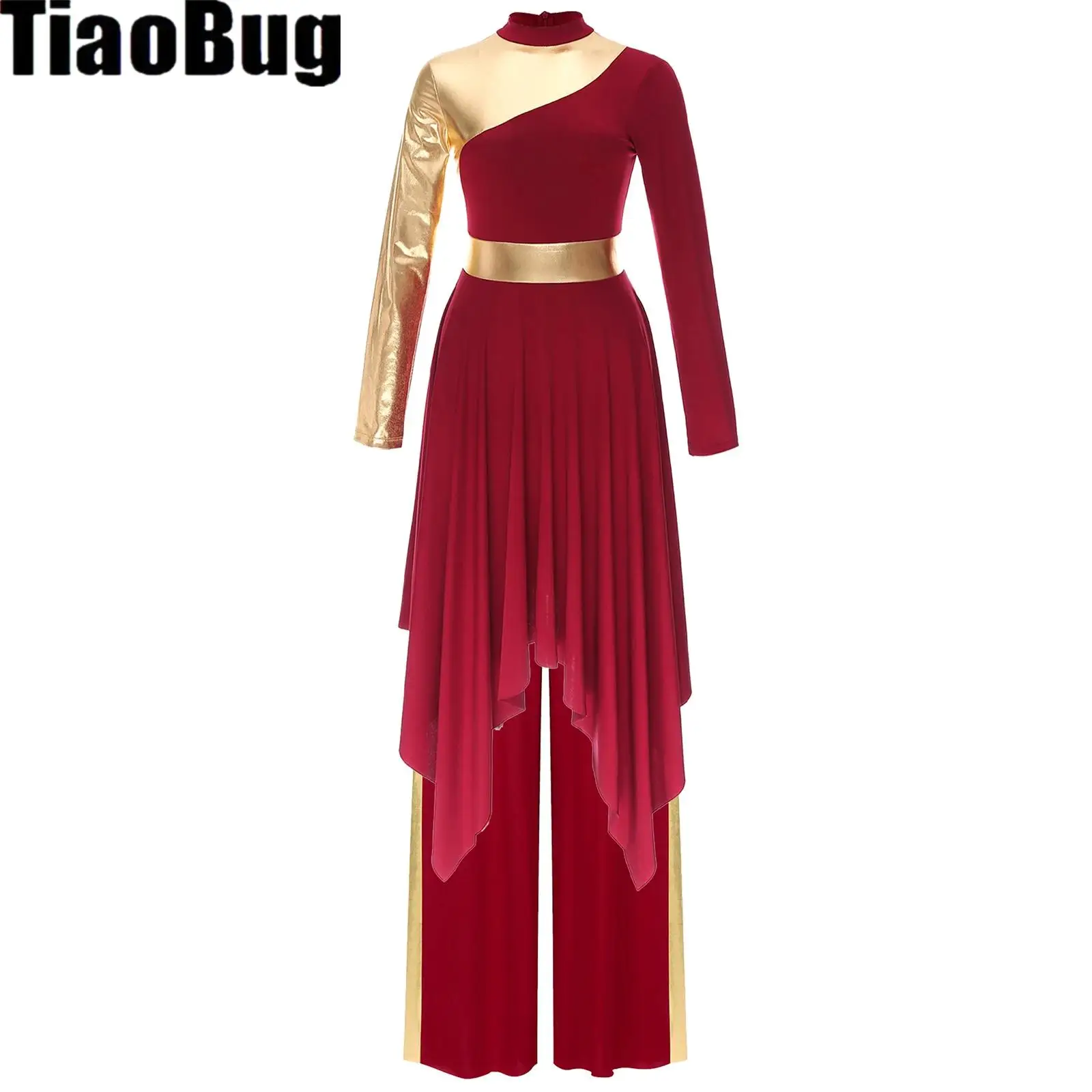 

Women Liturgical Dance Outfits Long Sleeve Asymmetrical Hem Contrast Color Dress with Metallic Patchwork Wide-Leg Pants