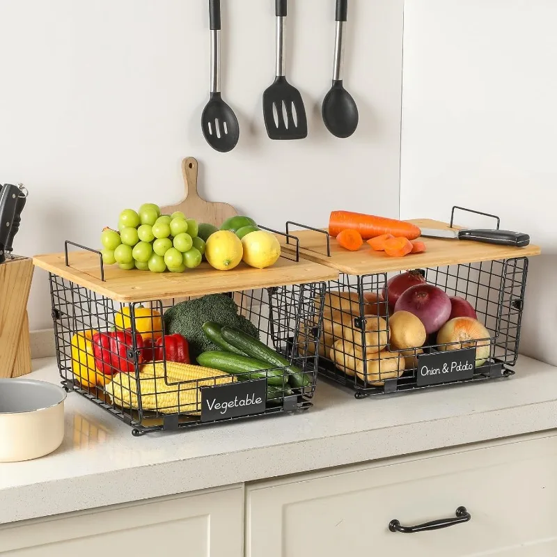 

Wire Basket with Bamboo Kitchen Organizer Fruit Basket Detachable Countertop Storage Holders Snacks Condiments Vegetables Rack