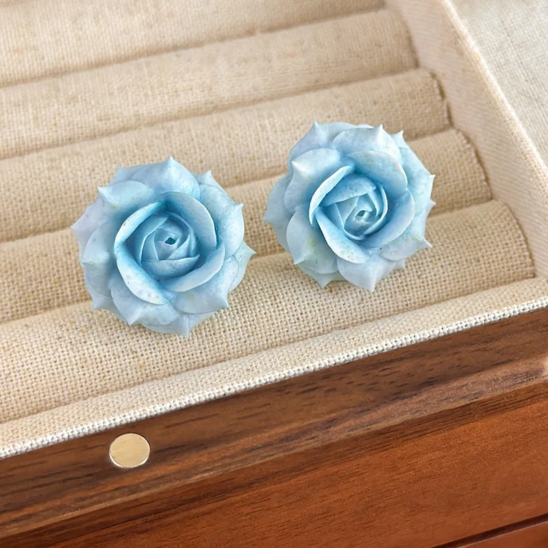 Resin Blue Rose Flower Stud Earrings for Women 2026 New Arrival Unique Designer Floral Bud Jewelry Elegant Romantic Daily Party