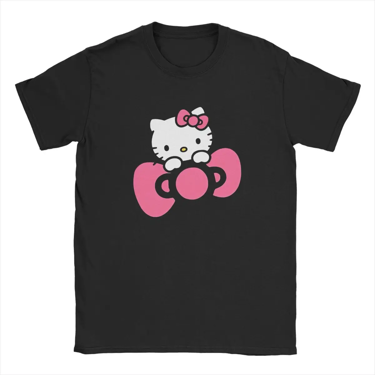 Men T Shirt Official Cute Pink Hello Kitty Hold Bowknot Crazy Tee Short Sleeve Round Neck T-Shirts Cotton Graphic Printed Clothe