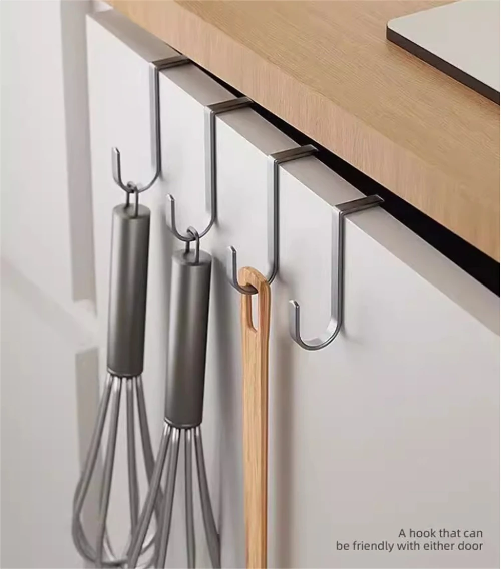 5pcs/bag Stainless Steel Hook Double S-Shape Hook No Hole Kitchen Bathroom Cabinet Door Reversible Hanger For Hanging Heavy Duty