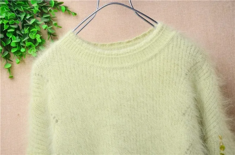 Female Women Spring Winter Clothing Green Beading Hairy Angora Rabbit Hair Knitted O-Neck Slim Blouses Pullover Jumper Sweater