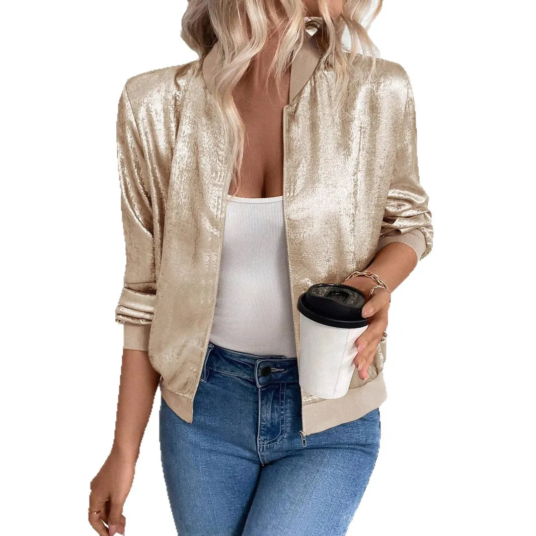 ​Women's Metallic Gold Slim Fit Zip Front Jacket Thin Layer Casual Shiny Outerwear Early Fall Lightweight Stylish Tops - náhled 5