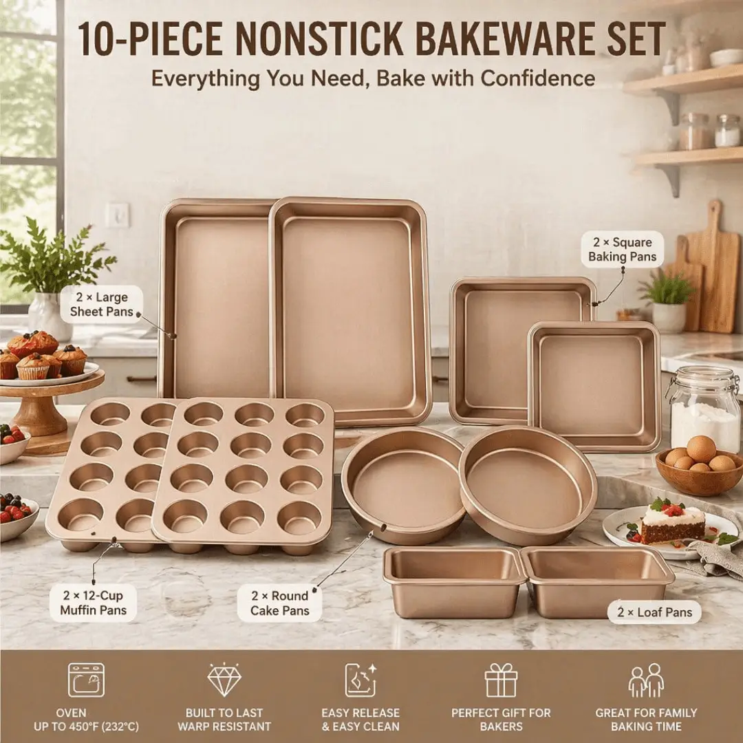 Baking Set, Oven Baking Pan Set, High-Quality Non-Stick Baking Utensils Set, Baking Pan Sheets, Racks, Round Cake Pans, Square Cake Pans, Bread Pans, Toast Pans, Muffin Pans, And Baking Trays. Dishwasher , Easy To Clean, Stackable Design.