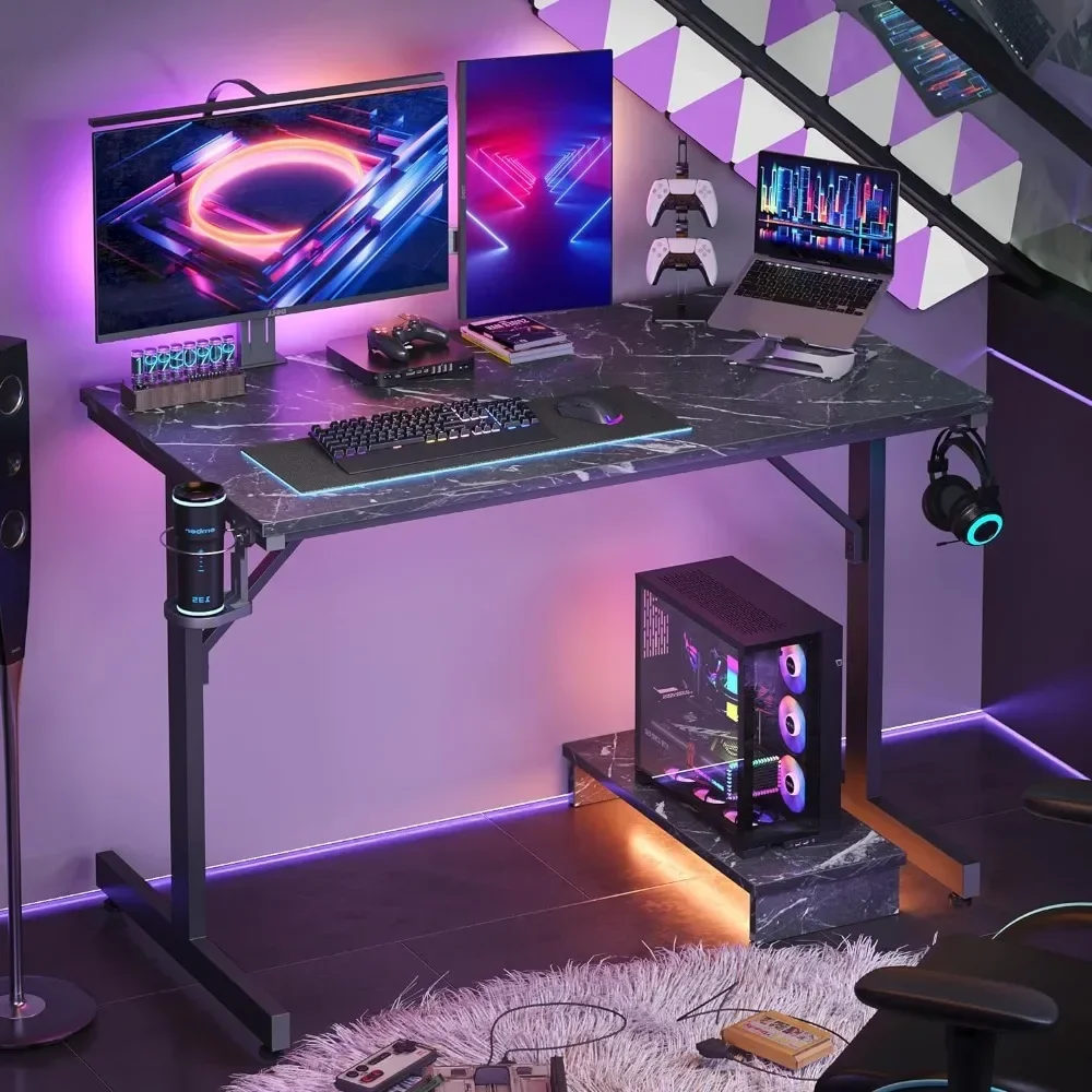 Small Gaming Desk with Monitor Stand, 42 inch LED Computer Desk, Gamer Workstation with Cup Holder & Headset Hooks, Mode