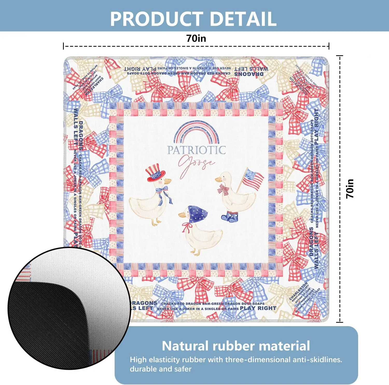 Independence Day Patriotic Goose Mahjong Mat 31.5 Inch Anti Slip Noise Reducing Coquette Bow For Poker American Mahjong Cards
