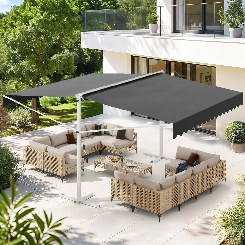 

Free Standing Retractable Awning, 10'x10' Dual Side Outdoor Patio Awnings Manual Sun Shade Shelter for Home or Commercia