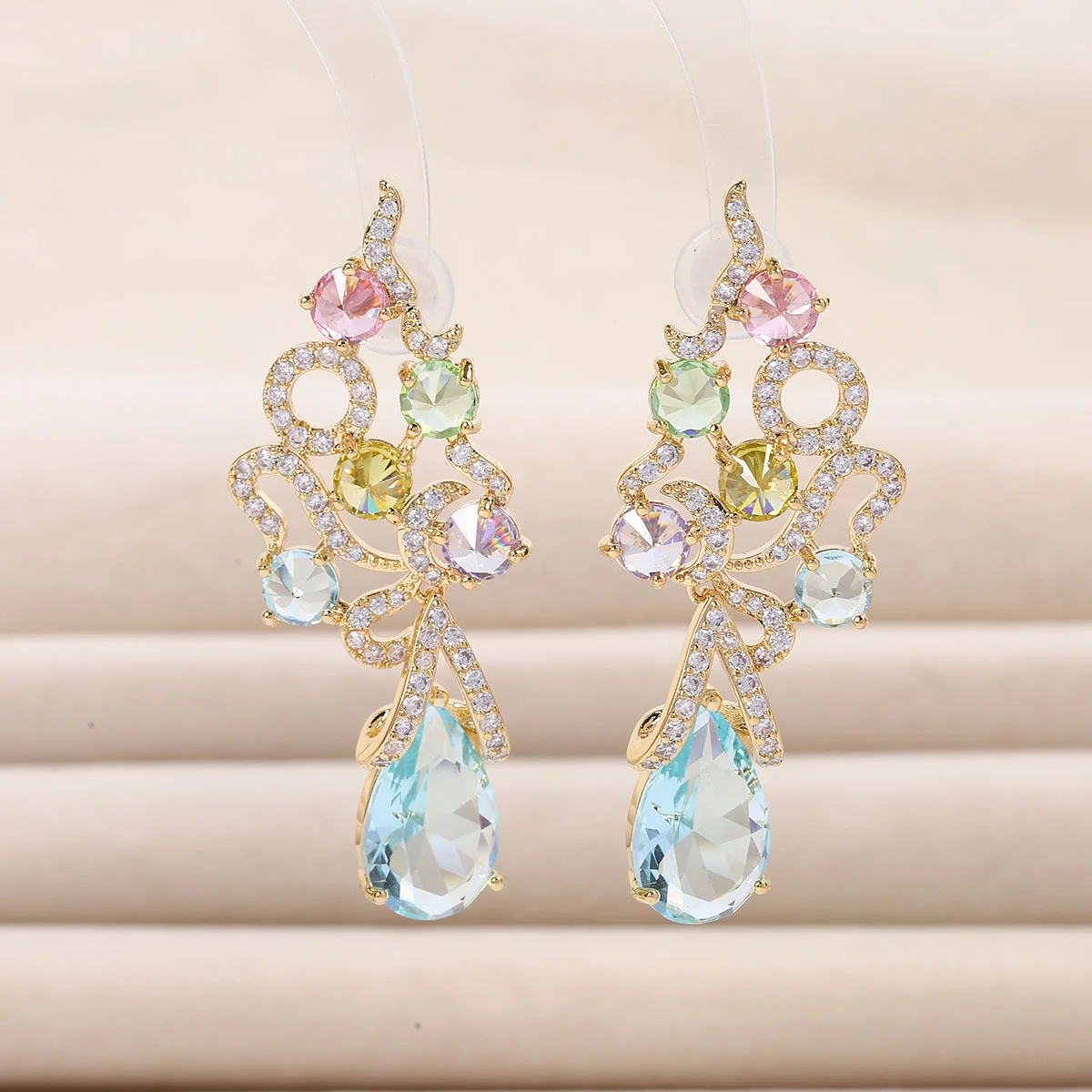 

925 Silver Needle Gold Plated Multicolor CZ Teardrop Drop Earrings, Sparkling Luxury Statement Jewelry for Women