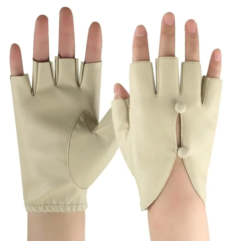 PU Leather Half-Finger Gloves Open-Finger Design Anti-Slip Button Hole Cycling Gloves Fashion Design Driving Gloves Driving Use