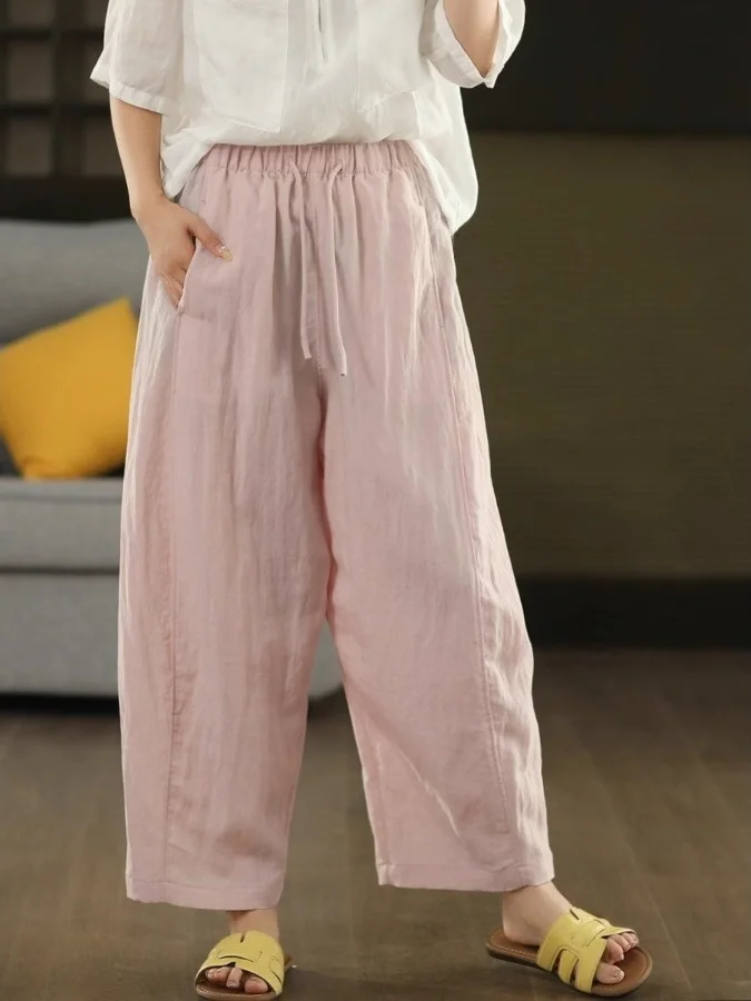 Casual losse linnen broek dames pure kleur zomer nieuwe Koreaanse Sle wijde pijpen afslanken negen punten Harlan broek