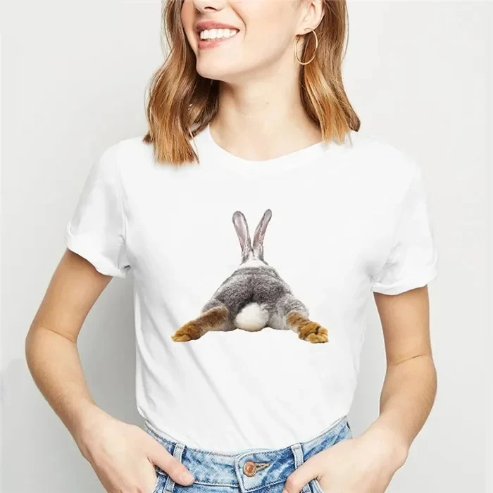 2026 Cute Rabbit Chubby Butt Animal Printed T-Shirt Women Funny Tshirt Femme Summer Tops Harajuku Shirt Female Y2k Tee Clothes