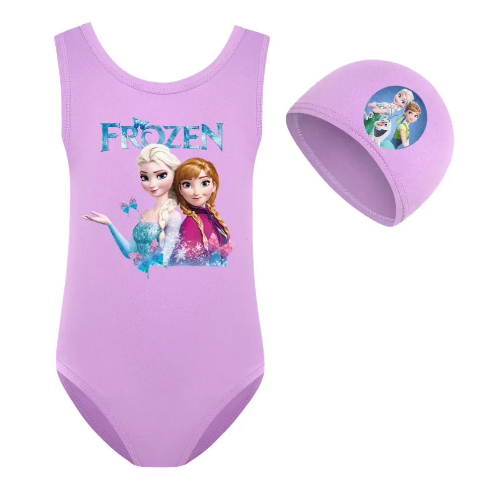 Girls One Piece Swimsuit Swimwear Bathing Suit Cartoon Frozen Anna Elsa Kid Sport Swimsuit Swimming Cap 2 Pcs/Set Baby Beachwear