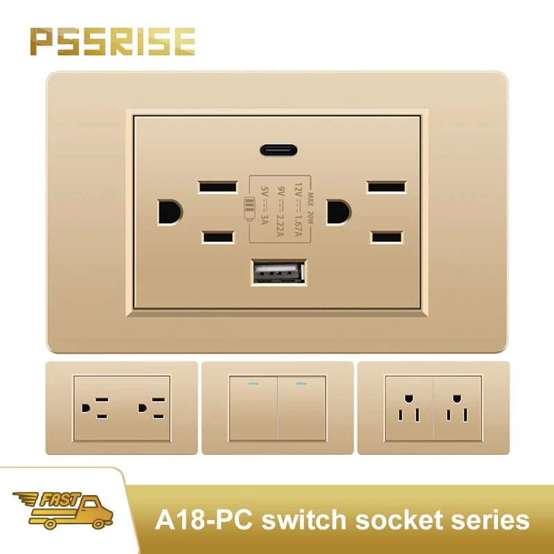 

PSSRISE American Thailand Mexico Type-c Quick Charge Wall Power Outlet 1-6Gang 2Way Light Electrical Switch Gold PC A18