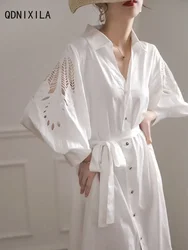 Vestido branco oco feminino, camisa de manga longa, elegante e bonita, uma peça, verão