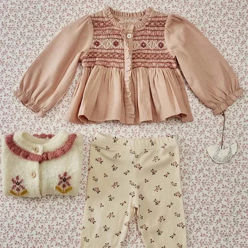 Ropa de otoño para niños, camisas con estampado Floral de cereza, Falda bordada, preventa, 2024