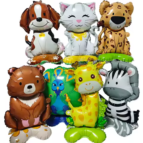 Cartoon Animal Standing Balloon Jungle Safari Lion zebra Leopard Rabbit Peacock Giraffe Balloon Kids Birthday Decoration Balloon