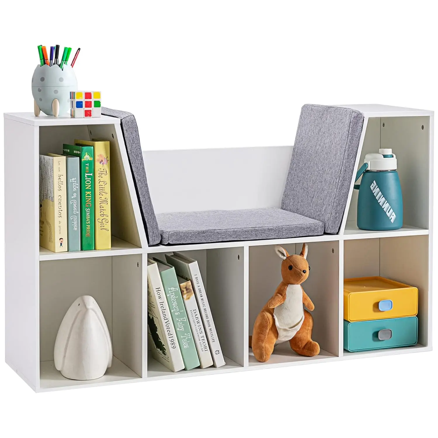 HOMCOM 6-Cubby Kids Bookcase with Reading Nook and Cushion, Multi-Purpose Storage Organizer for Bedroom, Living Room, Pure White