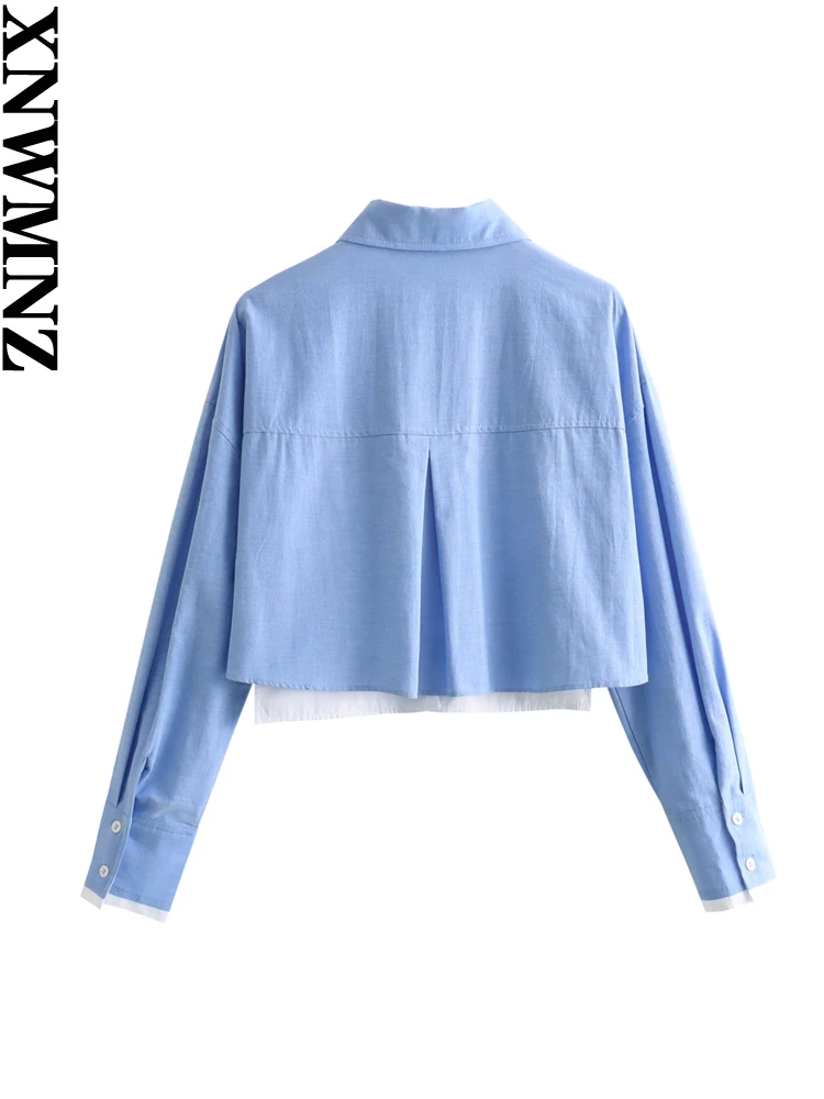 XNWMNZ 2024 Women's Fashion Crop Oxford Shirt Women High Street Lapel Long Sleeve Pocket Female Chic Shirt