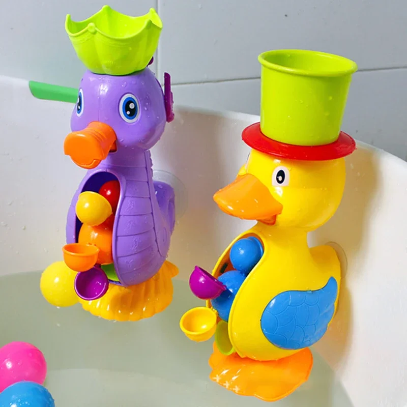 Bathtime Joy Cute Yellow Duck and Seahorse seal Spray Bath Toys Set for Children with Water Wheel and Faucet Play