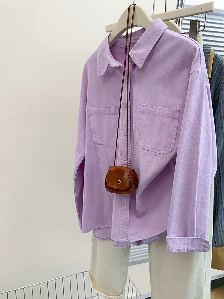 Purple Denim Shirt Coat Women 2024 Autumn New Design Sense Niche Solid Color Shirt Fashion Versatile Loose Jacket