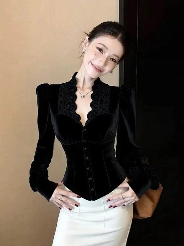 

Элегантное черное бархатное платье с длинным рукавом для женщин, осенне-зимнее, новое, с завышенной талией, облегающее, в корейском стиле, для повседневной носки