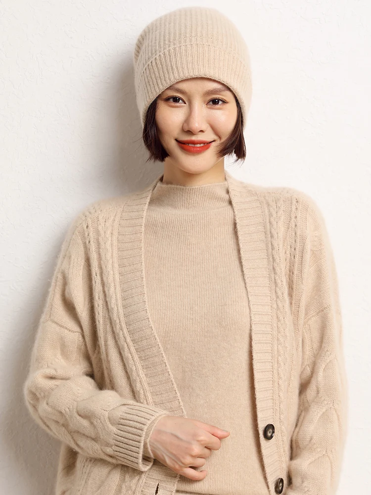 Yoyoselect 100% Cashmere Hat Women's Cute Knitted Cap Autumn Winter Comfortable Casual Hat Basic Soft Warm Popular Slim Cap
