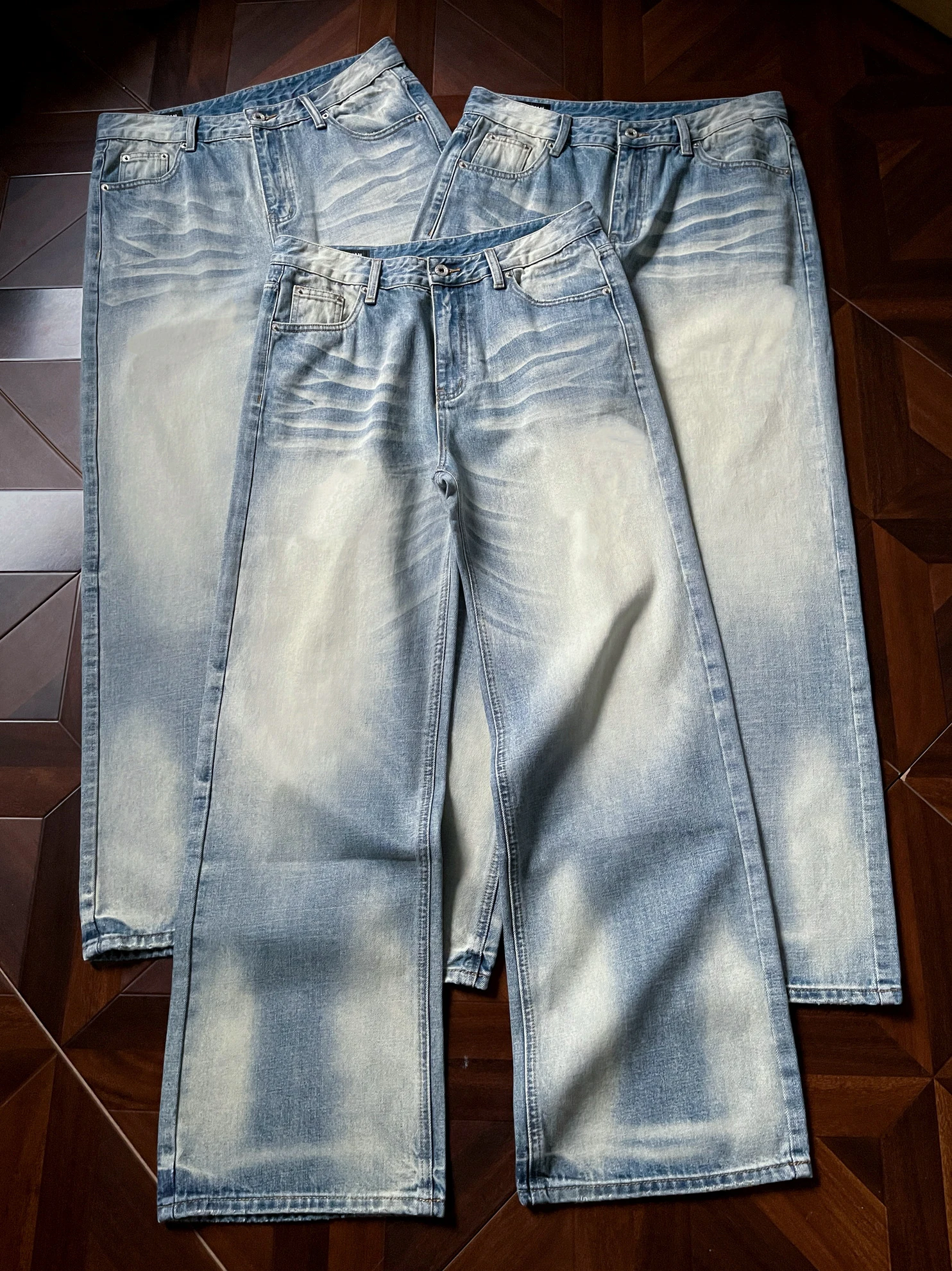 

American Style Straight Leg Blue Jeans Men's mid Waist Washed Denim Snowflake Pattern Battle Bull King 2021M Version