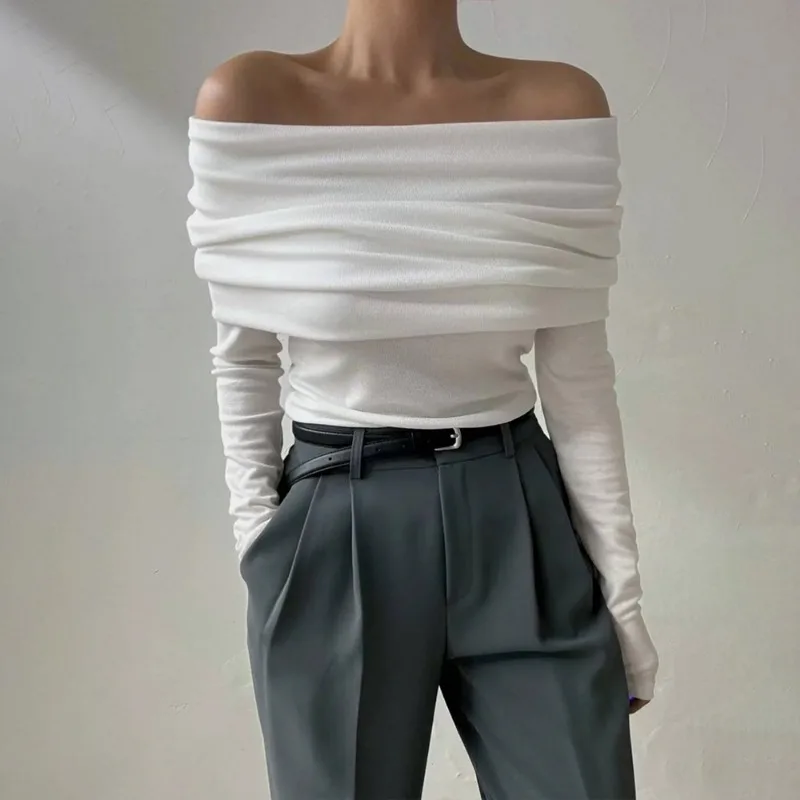 Talenza ถัก Off-Shoulder Pullover ผู้หญิง Slim เสื้อแขนยาวสบายๆจีบฤดูใบไม้ร่วงเสื้อกันหนาว Streetwear