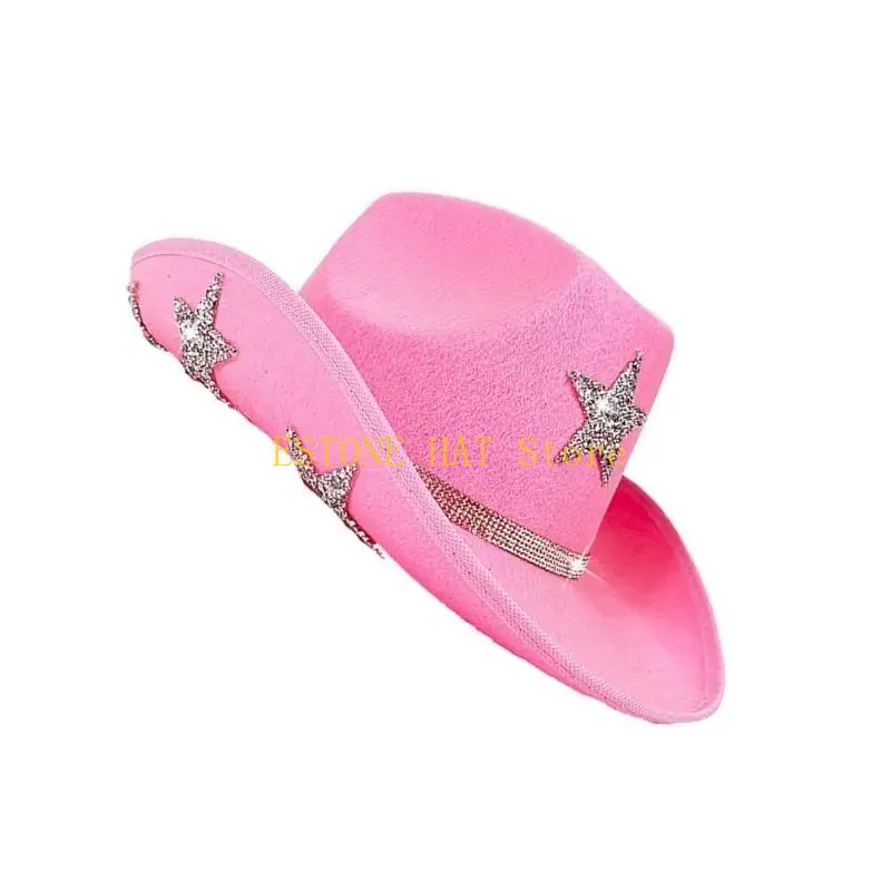 49MF Rhinestones Star Top Hat for Women Men with Five Pointed Star Pattern Wide Brims Hat for Music Festival and Theme Event