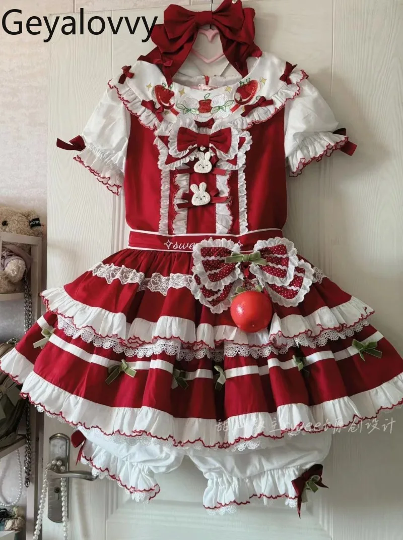 

Original Design Red Lolita High Waist Puff Short Sleeve Dress Summer New Sweet Cute Girls Versatile Doll Collar Bow Dresses