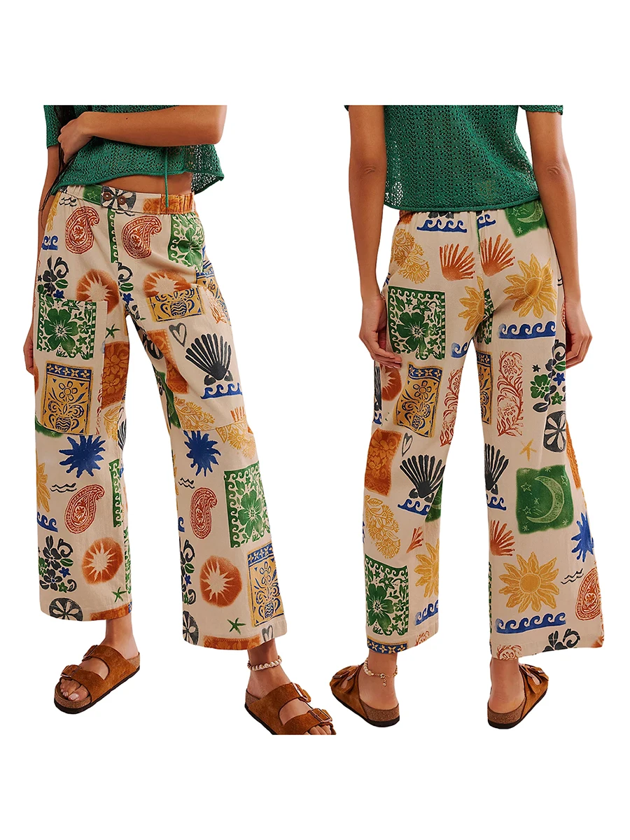 Women Y2k Floral Print Pants Straight Wide Leg Trousers Flare Baggy Denim Pants 90s Vintage Streetwear With Pockets