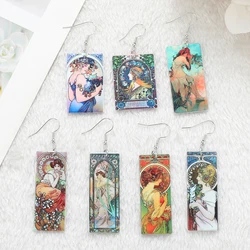 1Pair Vintage Mucha Drop Earrings Creative Acrylic Painting Art For Woman Birthday Gift