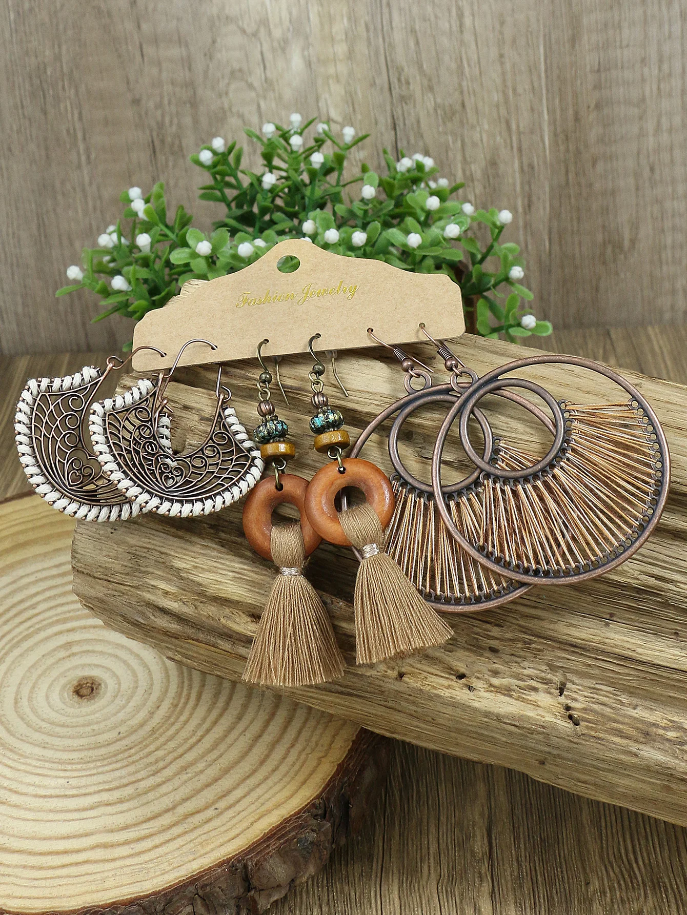 Vintage Leaves, Water Drops, Fake Wind Earrings, Female Geometric Handmade Shell Earrings, Coffee Color Tassel Jewelry