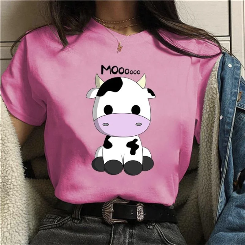 Cute Cows Heifer Moo Graphic Print T-shirt Women Fashion Crew Neck Short Sleeve Streetwear Casual Personality Tops