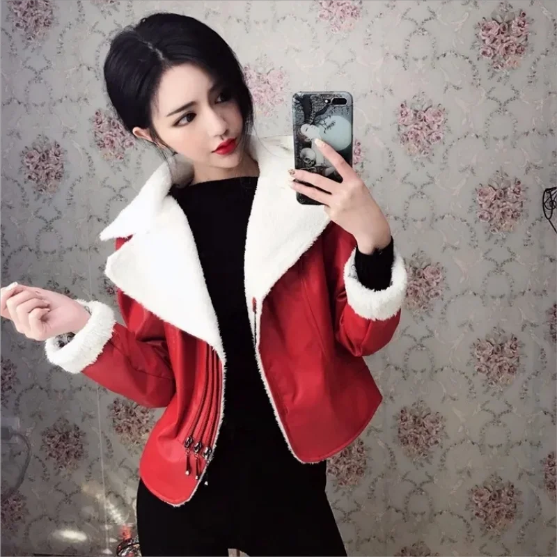 Faux Fur Coat Women Leather Jacket Autumn Winter Warm Plush Thick Outerwear Ladies Wool Fur Collar Basic Jackets