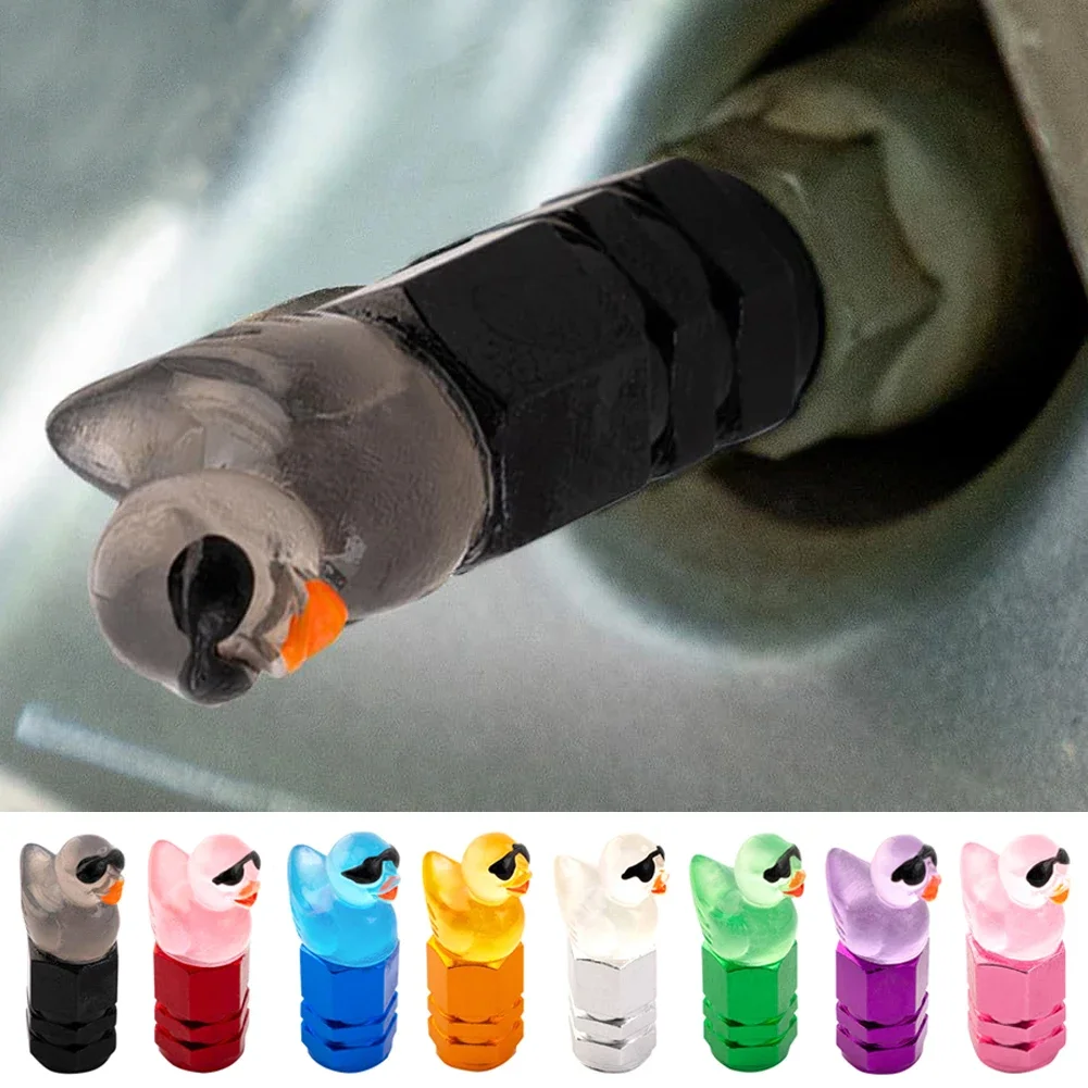 4 قطع من أغطية صمامات إطارات البط اللطيفة مع أغطية جذع الصمامات المزخرفة لعجلات النظارات الشمسية المضحكة - مجموعة من 4 قطع