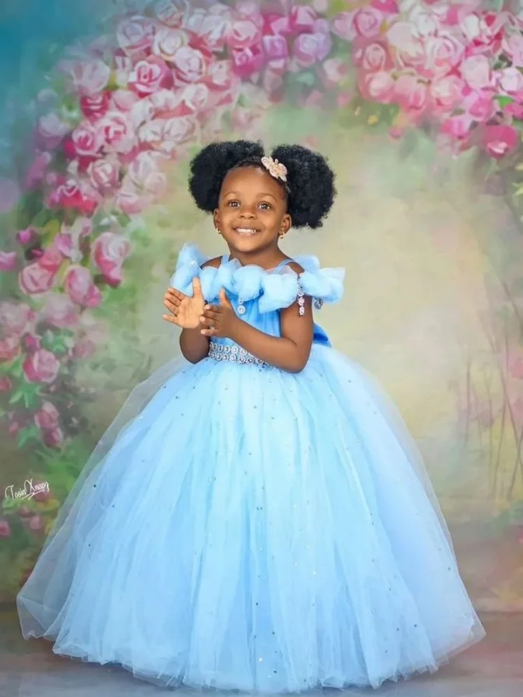 فساتين فتاة الزهور باللون الأزرق الفاتح لحفلات الزفاف كريستال قبالة الكتف فستاين سهرة/فساتين الحفلات عيد ميلاد طفلة مخصصة